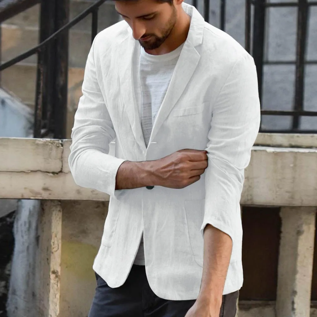 Hot Men Slim Fit Linen Blend Blazers Business Suits Solid Color Slim Dress Business Suit Long Sleeve Blazer Jacket Outwear