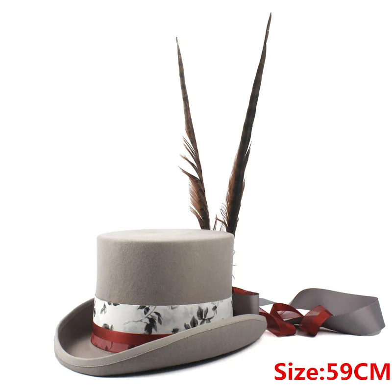 Gray 59CM 13,5 см, женский и мужской топ в стиле стимпанк, серая фетровая шляпа в стиле панк, длинные перьевые очки для костюмированной вечеринки, волшебная Кепка, вечерние очки, 4 размера - Цвет: Gray 59CM