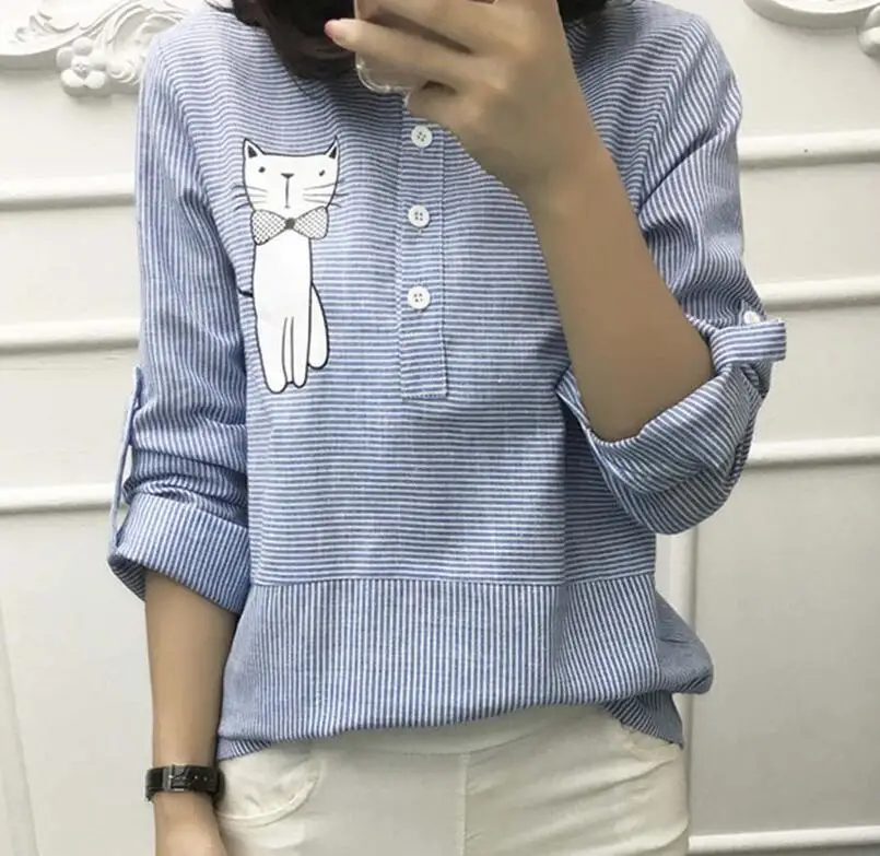 2017 новая весенняя женская обувь модная одежда с длинными рукавами наряд в полоску вышивкой виде кота