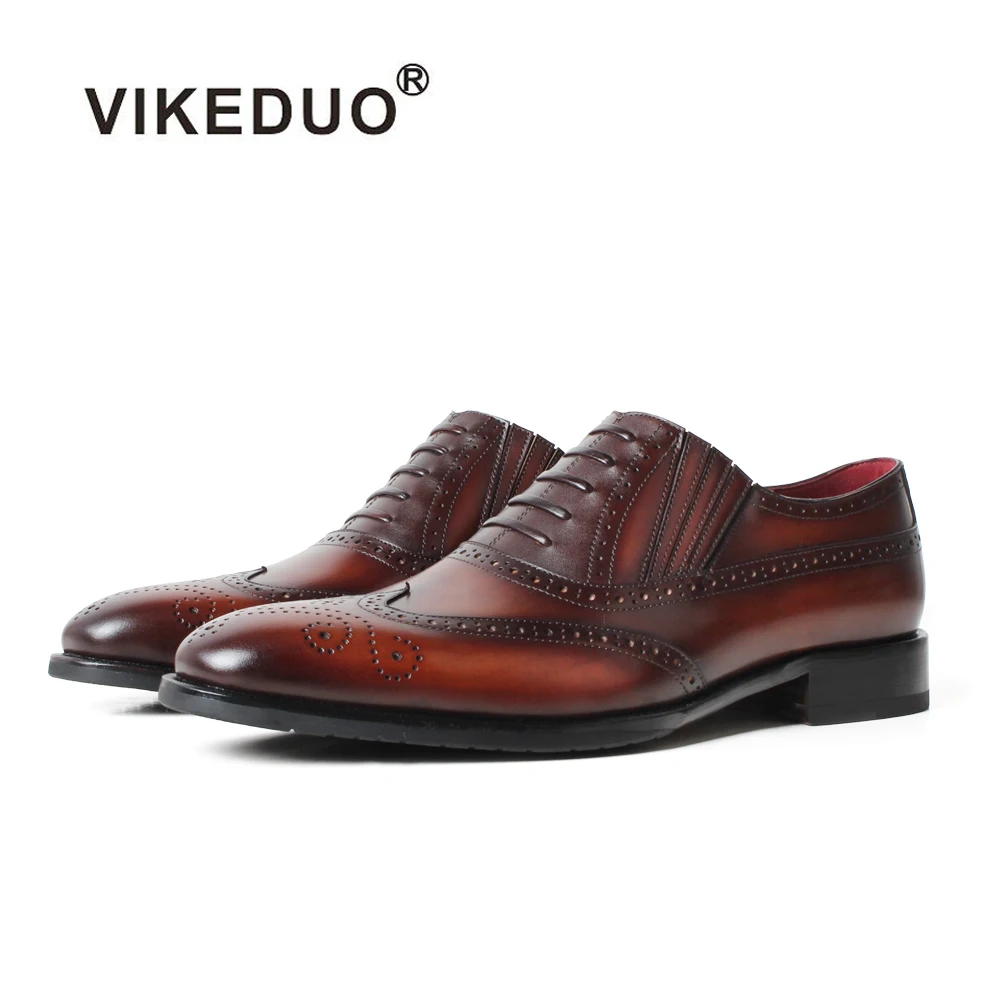 VIKEDUO New Loafers Shoes Men Full Brogues Men's Genuine Leather Wedding Shoe Patina Brown Mans Footwear Office Male | Обувь
