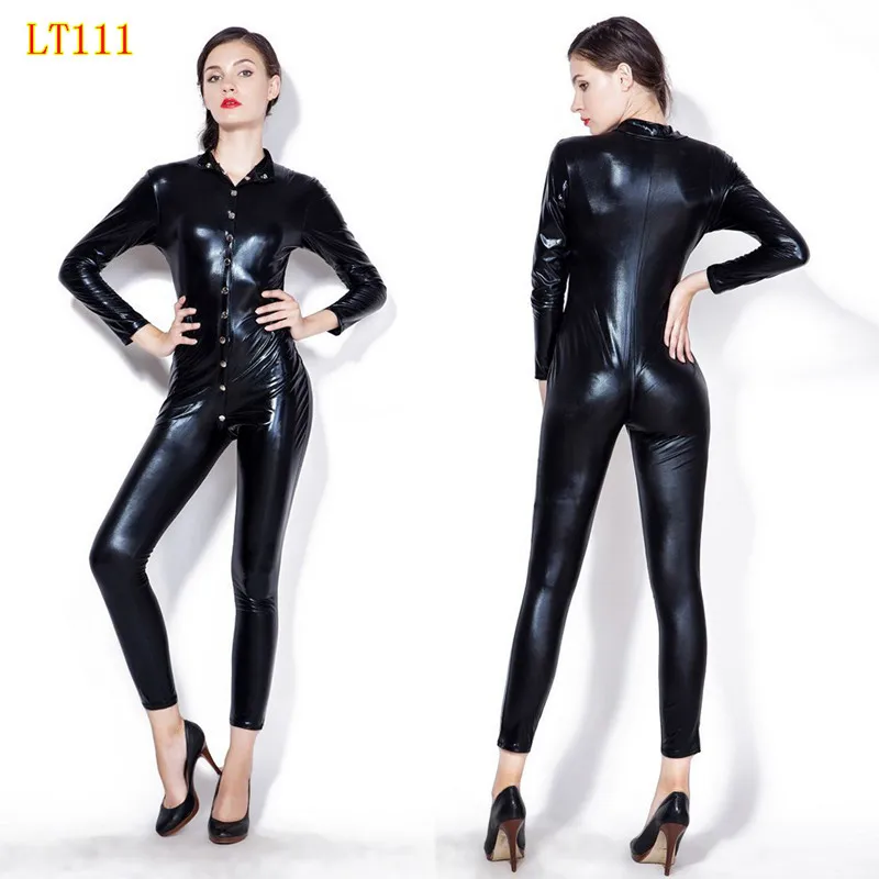 Женский черный сексуальный латексный костюм кошка из искусственной кожи