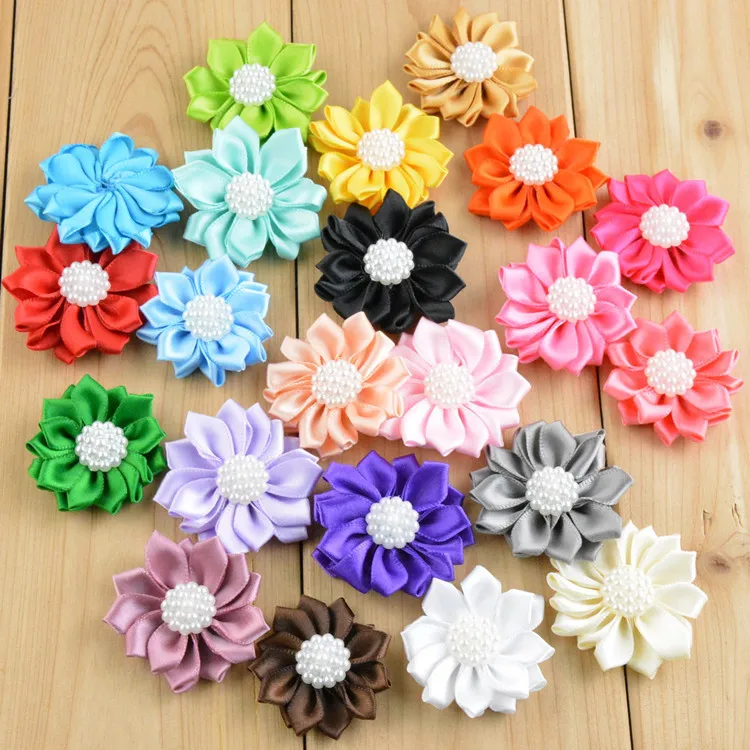 MengNa 120pc/22 colors Satin Flower With Pearl Center Mini Flowers Rosettes Headband Ribbon Multilayer 1.5&quot | Аксессуары для