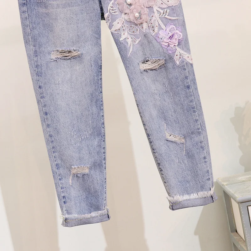 ALPHALMODA Лето, вышитые бисером цветы, Conjuntos De Mujer, вышитые аппликации, футболки с дырками, узкие джинсовые штаны, одежда