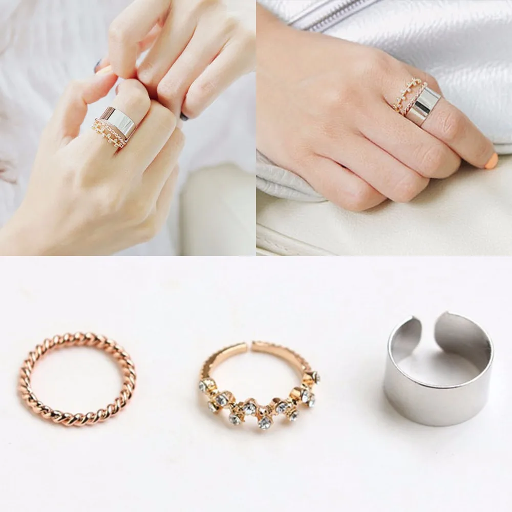 

Crystal Flower Metallic Golden Rope Band Opening Wide Rings 3 pcs/set Women Rings set