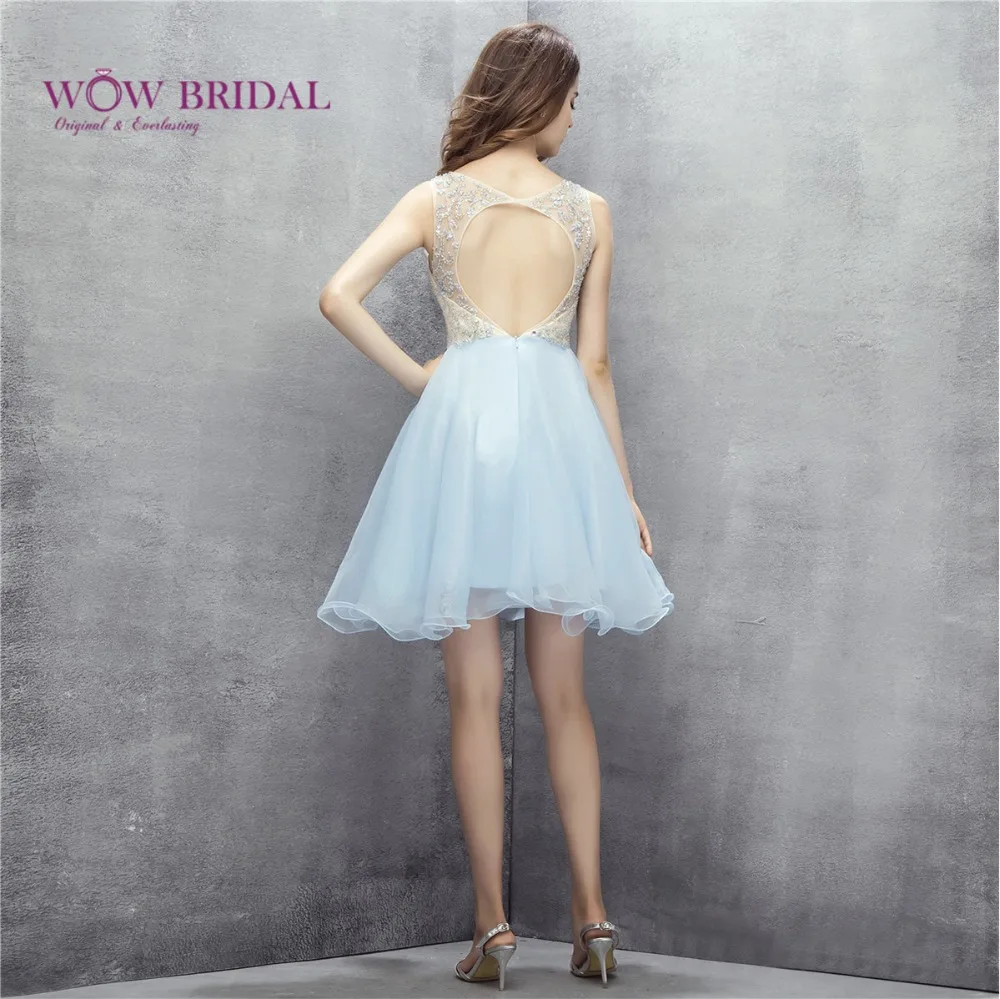 Wowbridal 2017 Голубые короткие платья без рукавов с бисером для выпускного вечера