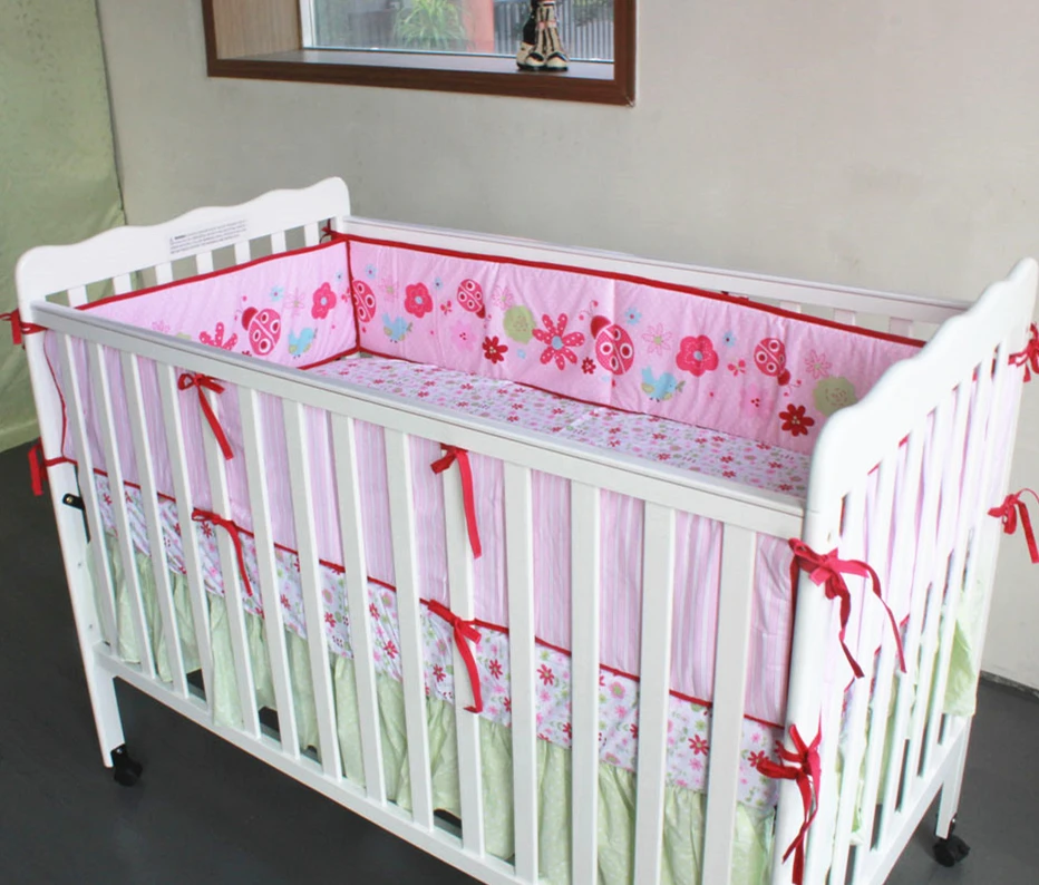 5pcs Embroidery Cot Bumper Cotton protetor de berco Baby Bed Bumper Bedding Cot Sheet Cot Bumpers Bed Sheet (4bumper+bed cover)