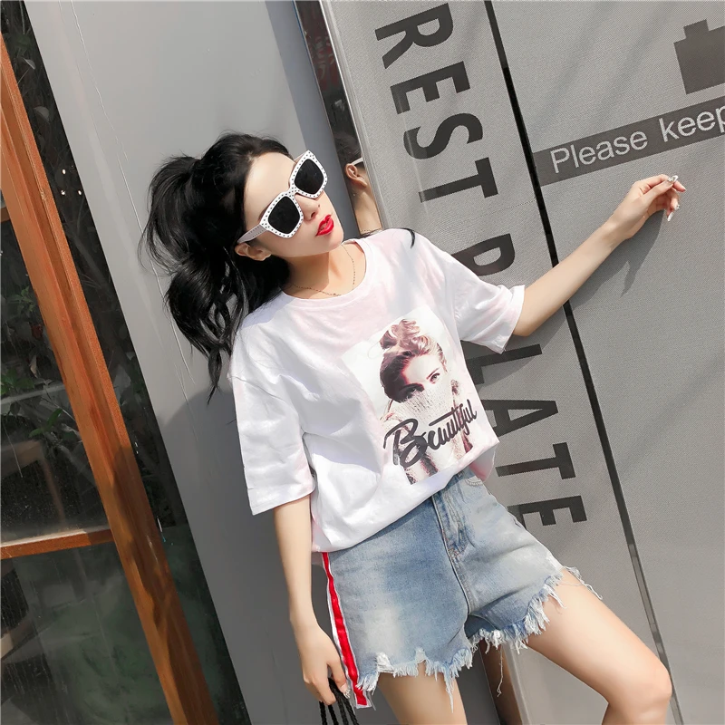 Bump color side stripes 2018 summer new Korean version of frayed fringe hole jeans shorts high-waisted student hot pants 8617 | Женская