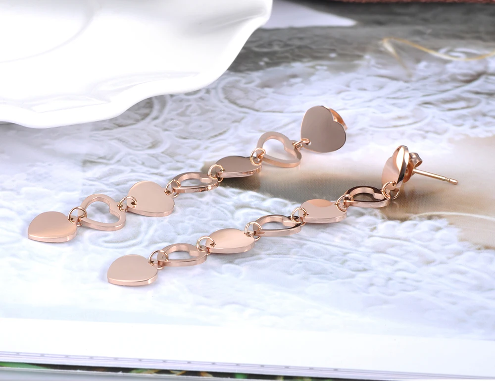 Lokaer Love Heart длинные серьги-гвоздики для женщин и девочек модные розовые Золотые сережки с кисточками из нержавеющей стали ювелирные изделия E18492