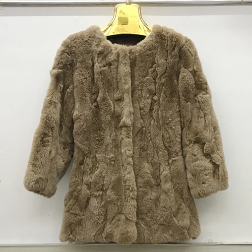 khaki Новая горячая осень зима женский Настоящий мех кролика пальто Дамская теплая настоящая куртка с мехом кролика рекс длинный стиль мех кролика рекс пальто - Цвет: khaki