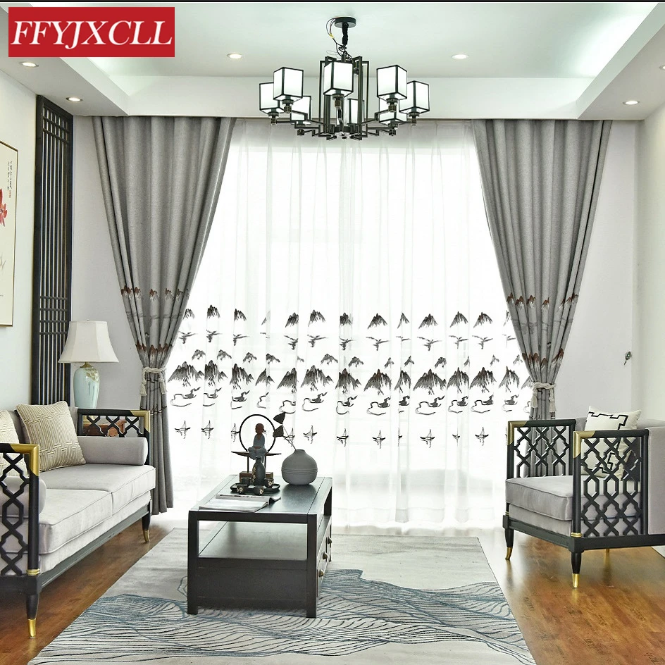 Серые затемненные шторы с китайской пейзажной росписью для гостиной тюлевые на