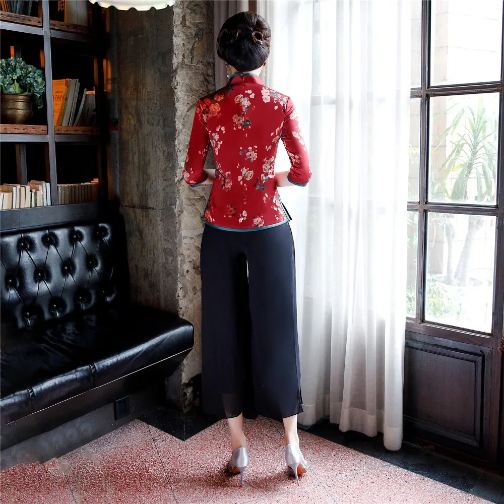 Шанхай история 3/4 рукав Cheongsam топ + брюки комплект Китайская традиционная одежда