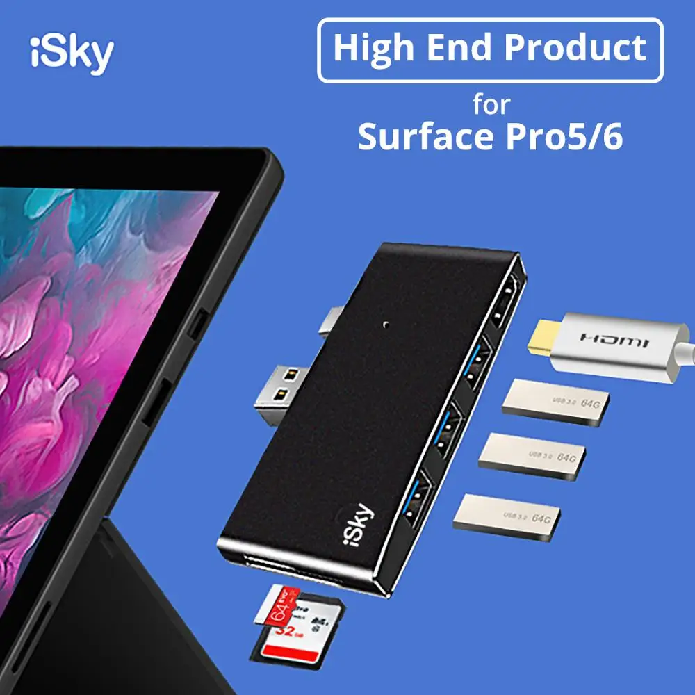 iSky for Microsoft Surface USB Hub Pro5 Pro6 Pro2017 USB Expansion HDMI SD TF USB3.0 6 in 1 Mini DP External USB