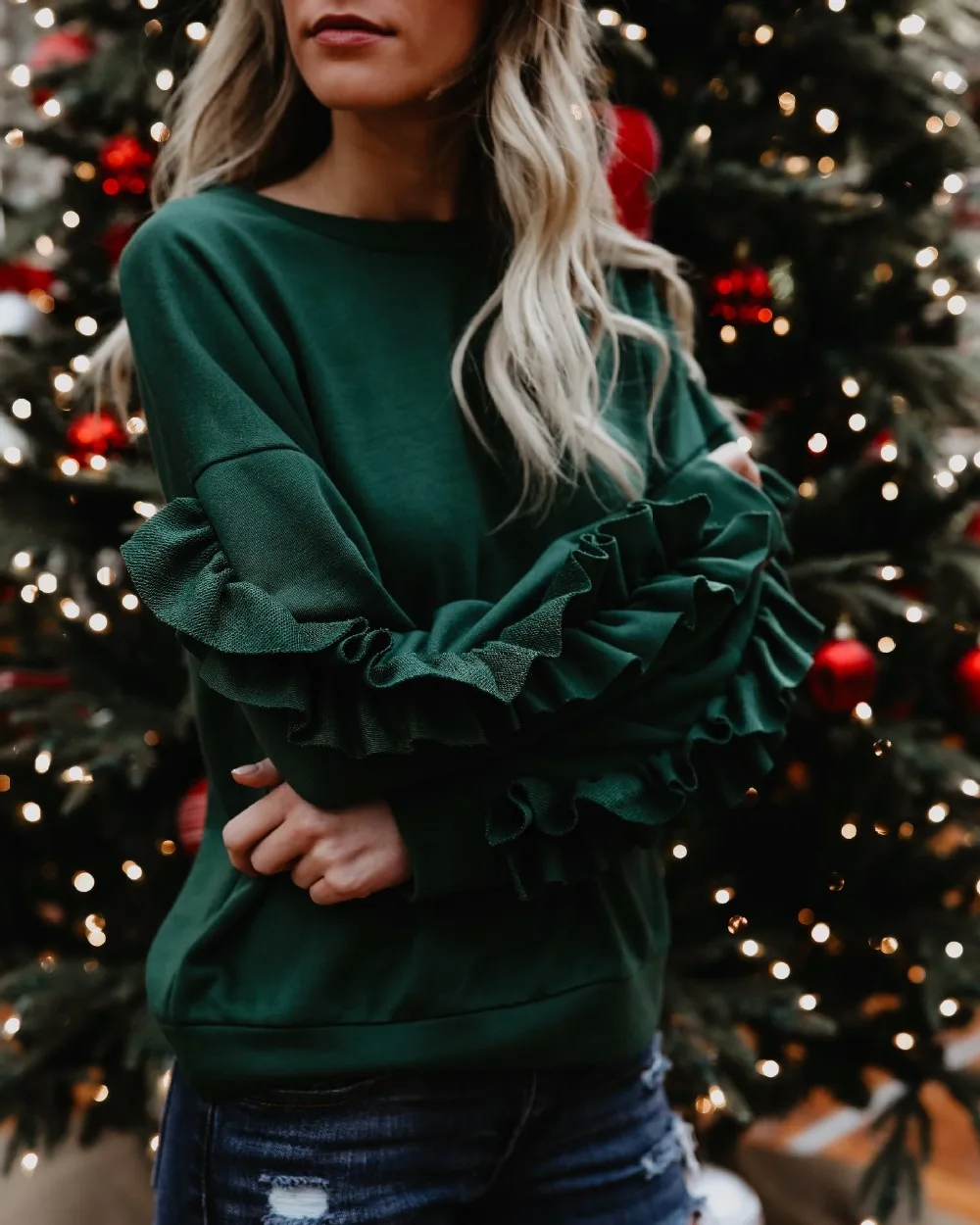 Ruffed длинный рукав О Средства ухода за кожей Шеи Для женщин Повседневное Топы