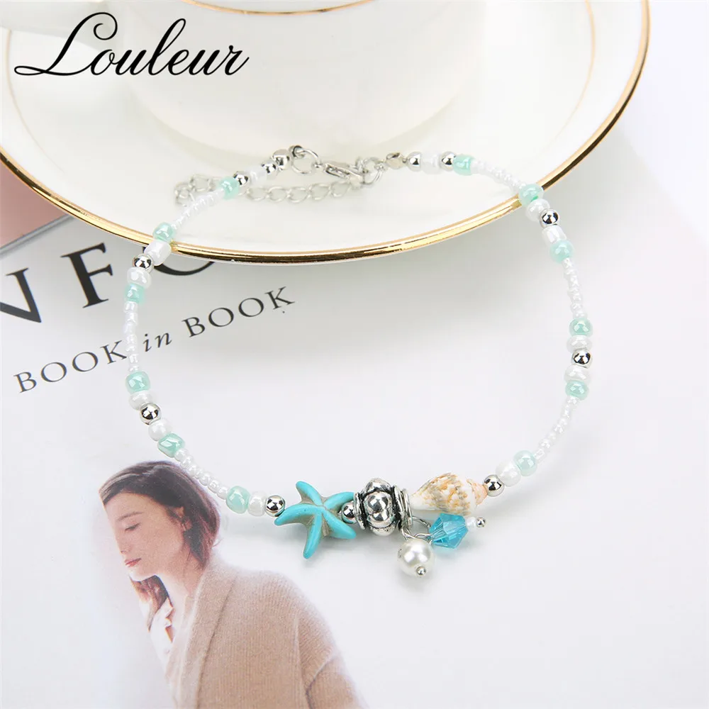 Louleur Bohemian Style Starfish Shell Beach Beads Anklet Conch Bracelet Summer Men and Women Foot Accessories | Украшения и