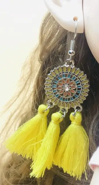 yellow Новые серьги в богемном стиле, модные серьги с кисточками, серьги с розовыми цветами, ушные петли для украшения для кукол - Цвет: yellow