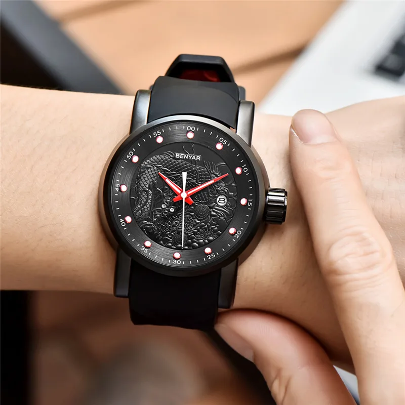

Men Watch BENYAR Top Brand Business Creative Chinese Dragon Calendar Quartz Watch Military Silicone Strap Clock Relogio Masculin