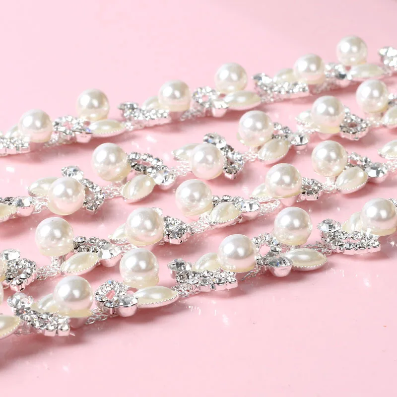 1 ярд модная кристальная чашка цепь с жемчугом и стразами Цветочная отделка