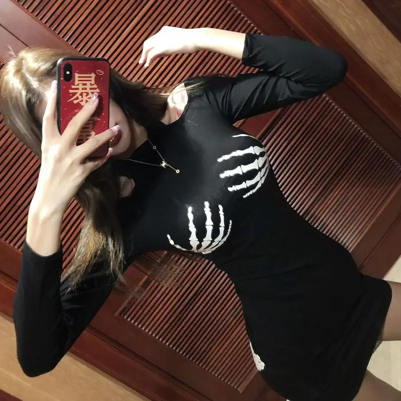 Платья для Для женщин Череп ручной печати Sexy плеча Тонкий одноцветное платье с