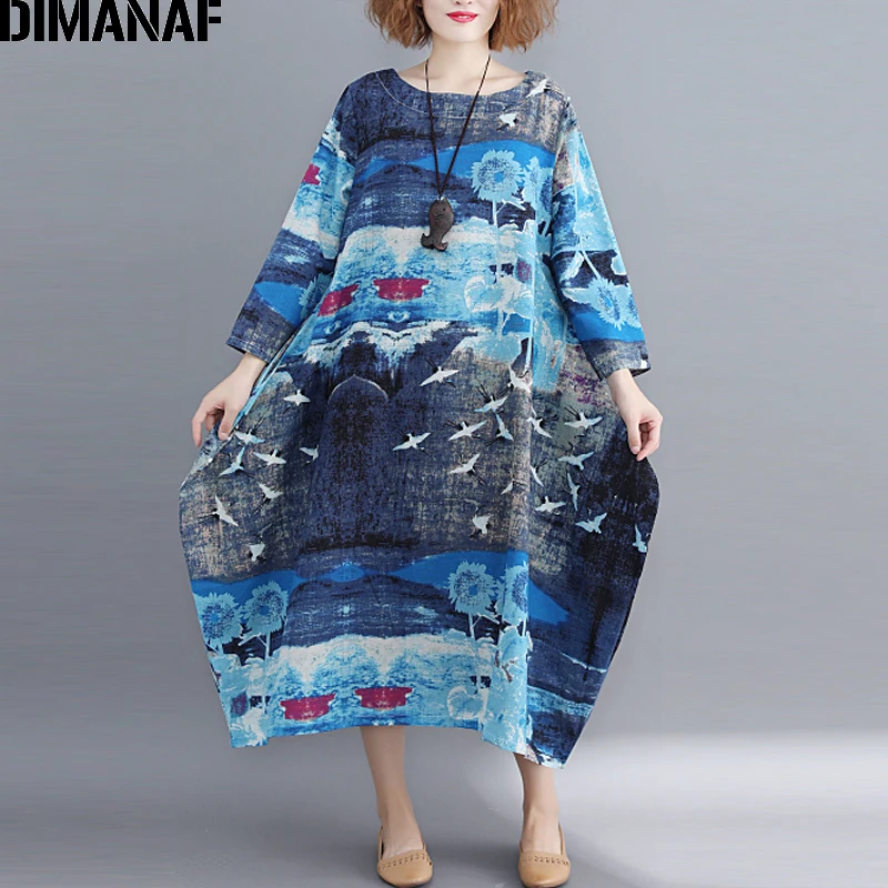 

DIMANAF Women's Dresses Big Sizes Linen Vintage Print Female Clothing Ladies Elegant Vestido Loose Long Sleeve Dress 2018 Autumn