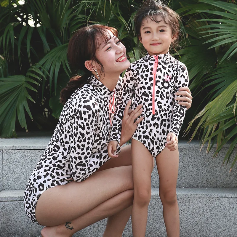 Leopard mother daughter swimsuit family Look matching clothes long sleeve sexy swimwear mommy and me outfits mom baby beachwear | Мать и