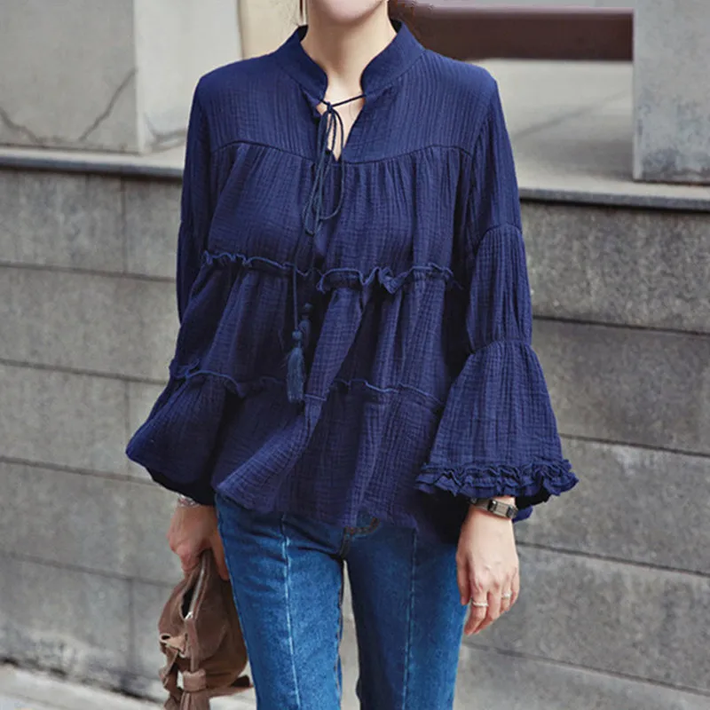 Корейская модная женская большие размеры топы дамы хлопок белье блузка Рубашки