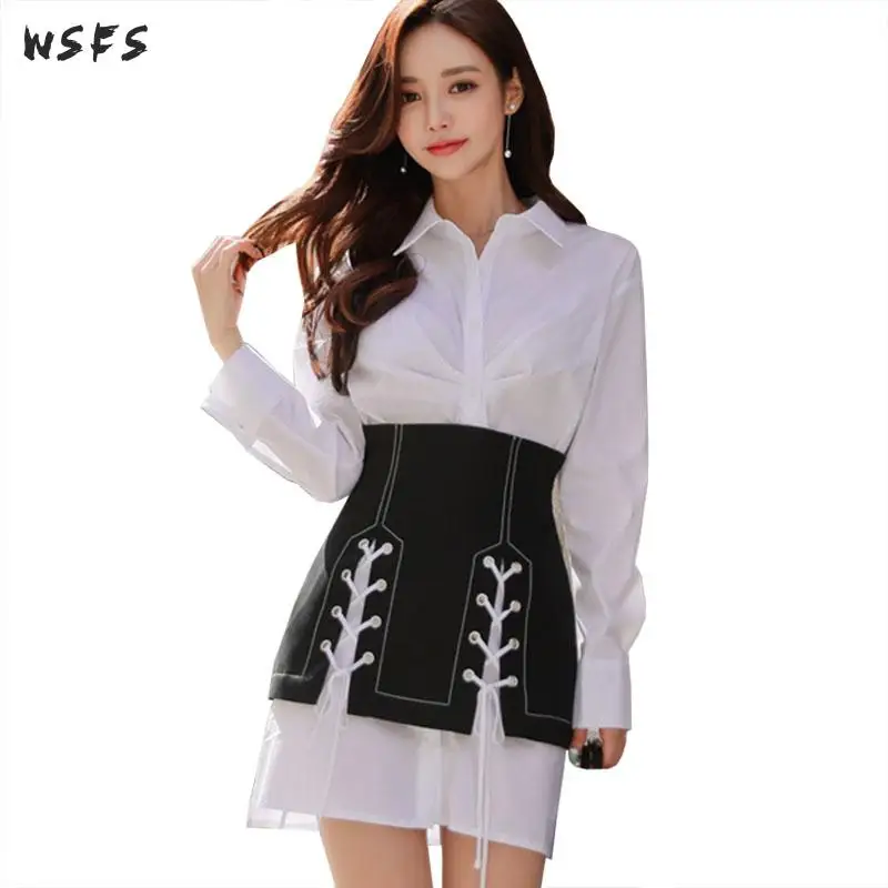 Комплект из 2 предметов белая рубашка с длинным рукавом женское облегающее