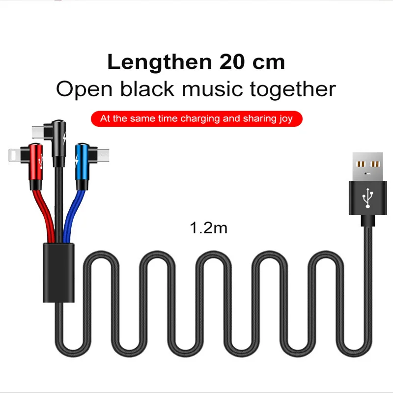 90 градусов 3 в 1 USB кабель Micro USB 8Pin type C кабель для iPhone X 8 Plus USB зарядное устройство шнур для samsung S9 Xiaomi Mi8 3 цвета