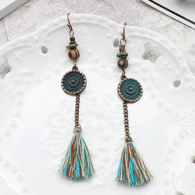 Retro Ethnic Green bronze Earrings Long Tassel Cotton thread Bohemian hook for Women Drop Fringed Earring | Украшения и