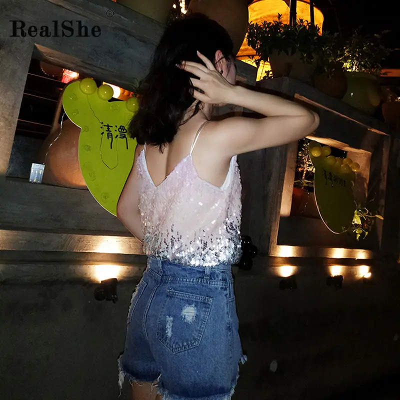Женский топ RealShe с треугольным вырезом без рукавов блестками на лето 2019|Майки| |