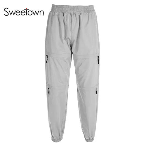 silver Sweetown плюс Размеры готические женские брюки-карго серебро Повседневное Свободные молнии брюки для бега осень Высокая талия и бедра-Хоп пот Штаны - Цвет: silver