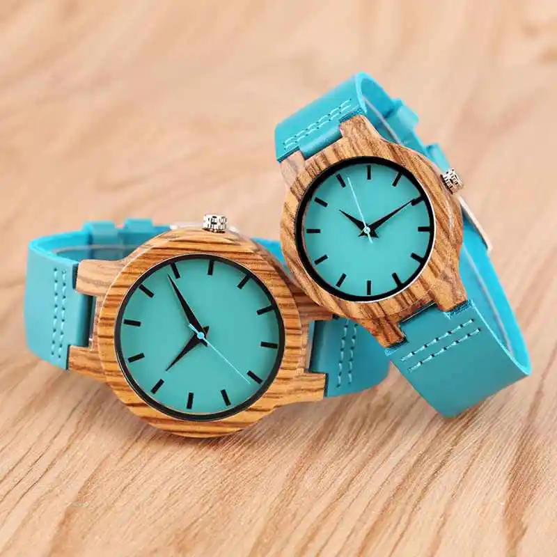 Роскошные Royal Blue Wood Watch Top Кварцевые Наручные Часы Натуральный Бамбук Часы Повседневная Кожа Подарки на День