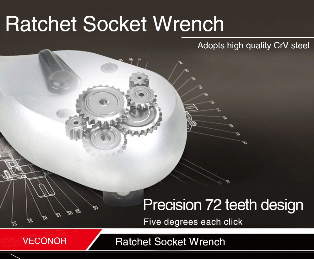 Veconor высокий крутящий момент ключ-трещотка для розетки 72teeth Quick Release, усилила ключ, хром-ванадиевой 1/4, 3/8, 1/2 дюйма