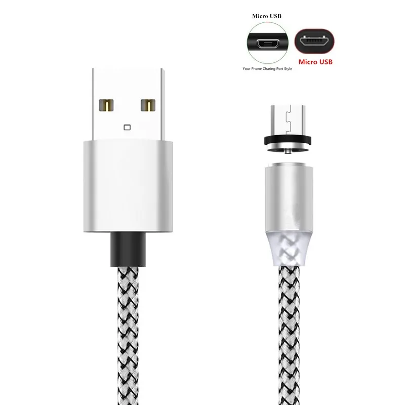 Silver with MicroUSB Металлический магнитный USB кабель для iPhone type C Micro 2.4A быстрое зарядное устройство светодиодный светильник для samsung Xiaomi huawei Android Phone шнур 1 м - Цвет: Silver with MicroUSB