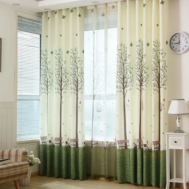 Затемненные занавески на окна двери с принтом зеленого дерева для гостиной