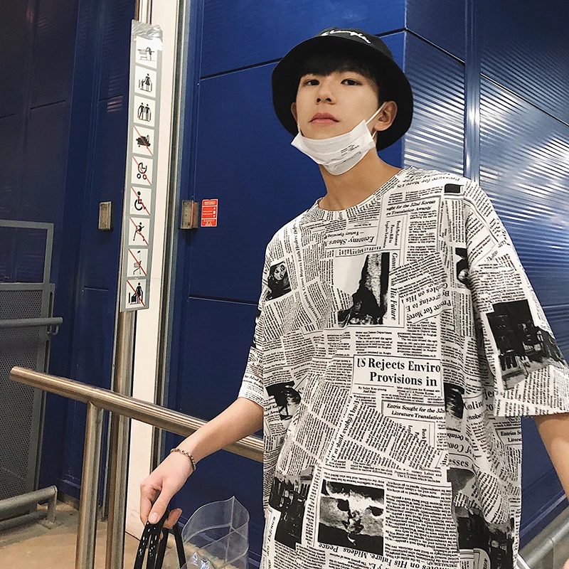 2019 летние мужские футболки хлопковая одежда с принтом газет свободная футболка