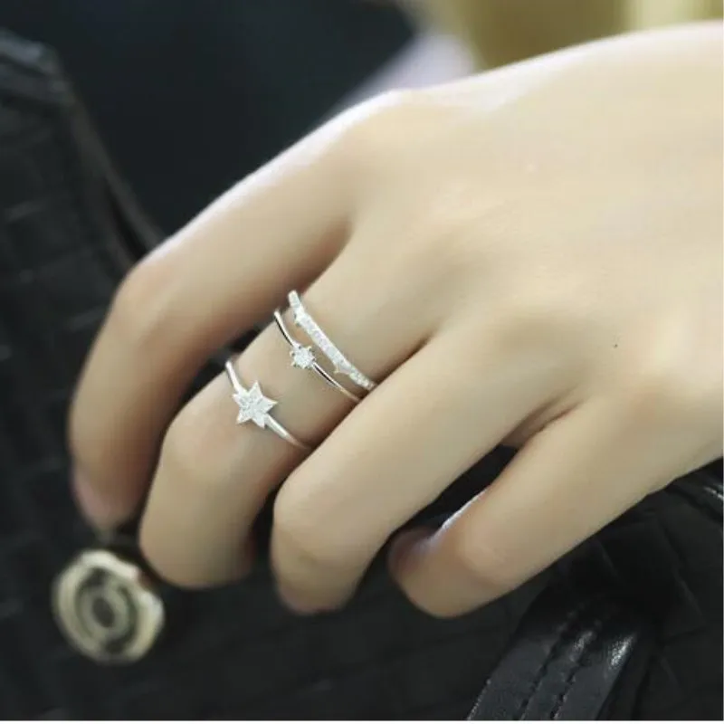 

Atmosphere New Exquisite Flash 925 Sterling Silver Jewelry Not Allergic Three Layer Crystal Stars Adjustable Rings SR339