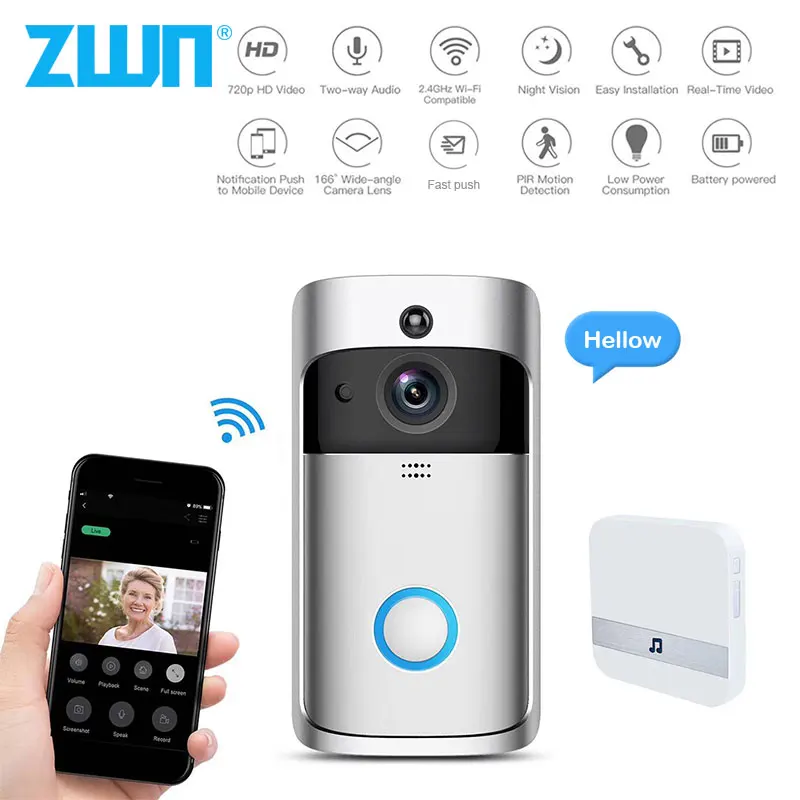 ZWN умный дверной звонок Камера 720P Wi-Fi Беспроводной видеовызова Дверь Видео домофон видео-глаз для дверной звонок в квартиру кольцо для телефона домашней безопасности Камера