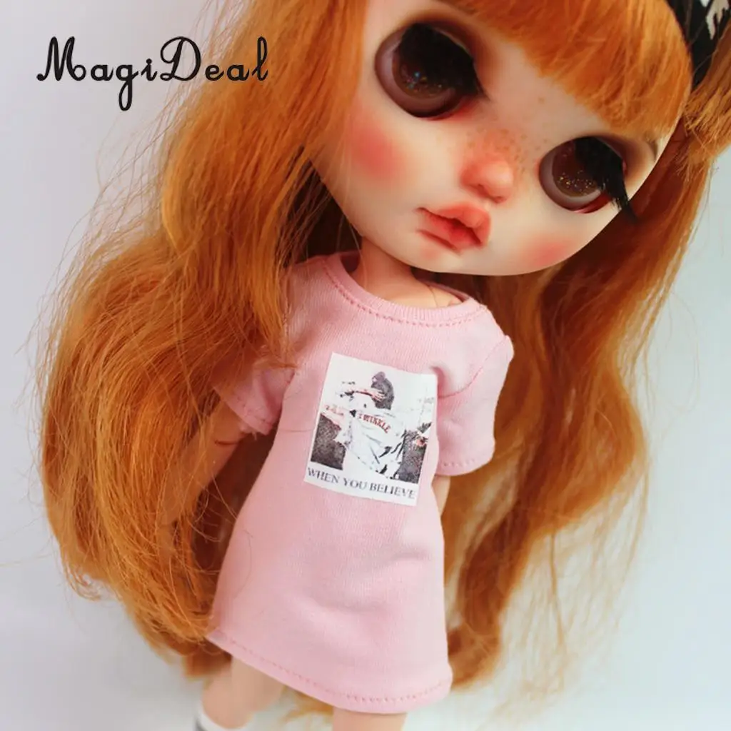 Pink Cute Girl Doll Printing Long T-Shirt Short Sleeve for 1/6 Blythe Doll Dress Up Accessory - Цвет: Pink