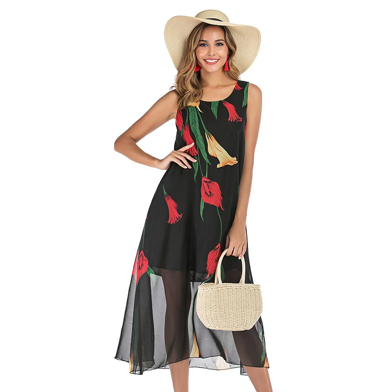 Женское летнее шифоновое платье с цветочным принтом без рукавов круглым вырезом