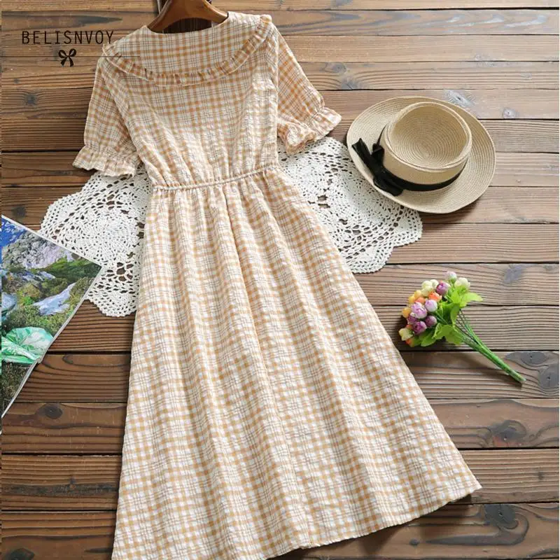 Mori Girl Summer Women Plaid Dress 100%Cotton Linen Flare Sleeve Casual Femininos Vestidos Vintage Elegant Sweet Ladies | Женская одежда