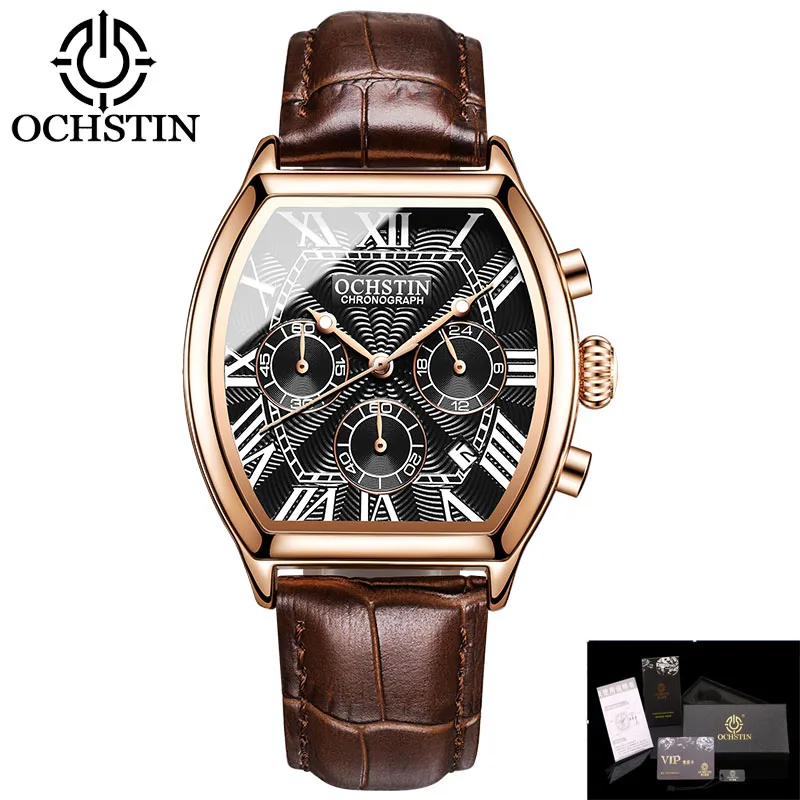OCHSTIN Auto Date Sports Military Men Watches Luxury Brand Tonneau Quartz-watch Man Leather Army Male Clock Relogio Masculino - Цвет: Rose gold black box