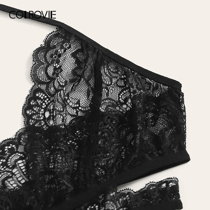COLROVIE размера плюс, черный кружевной комплект нижнего белья с бретельками, женское нижнее белье,, летний сексуальный бюстгальтер и трусики, Женский комплект нижнего белья