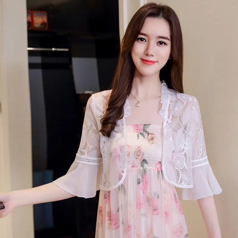 

Women Summer Hollow Out Kimono Cardigan Sun Blouse Shirt Lace Patchwork Chiffon Blouse Tops Sunscreen Sunproof Outwear