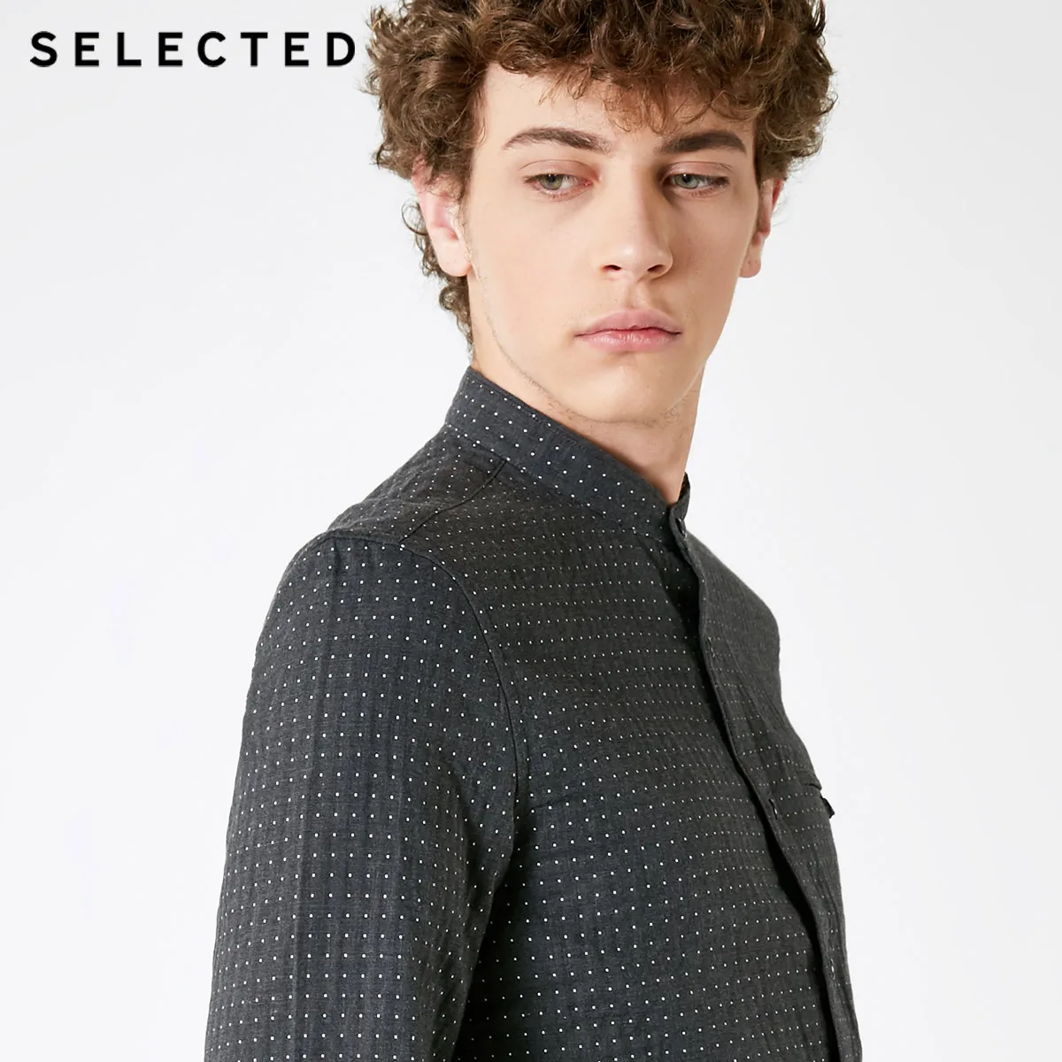 SELECTED Men's Cotton Slim Fit Stand-up Collar Polka Dots Long-sleeved Shirt S|418405544 | Мужская одежда