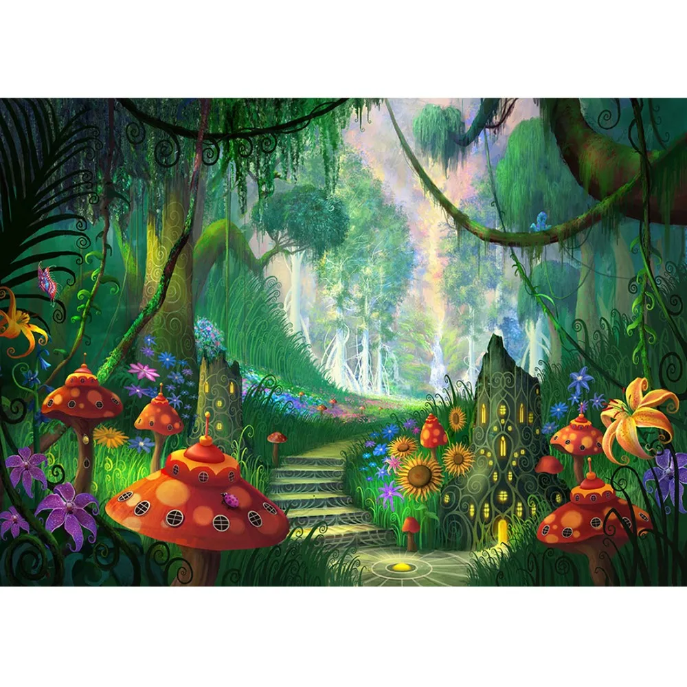 Mushroom Walkway Grass Photography Backdrop for Photograph Accessories Party Children Kids Photographic Background Photo Booth |