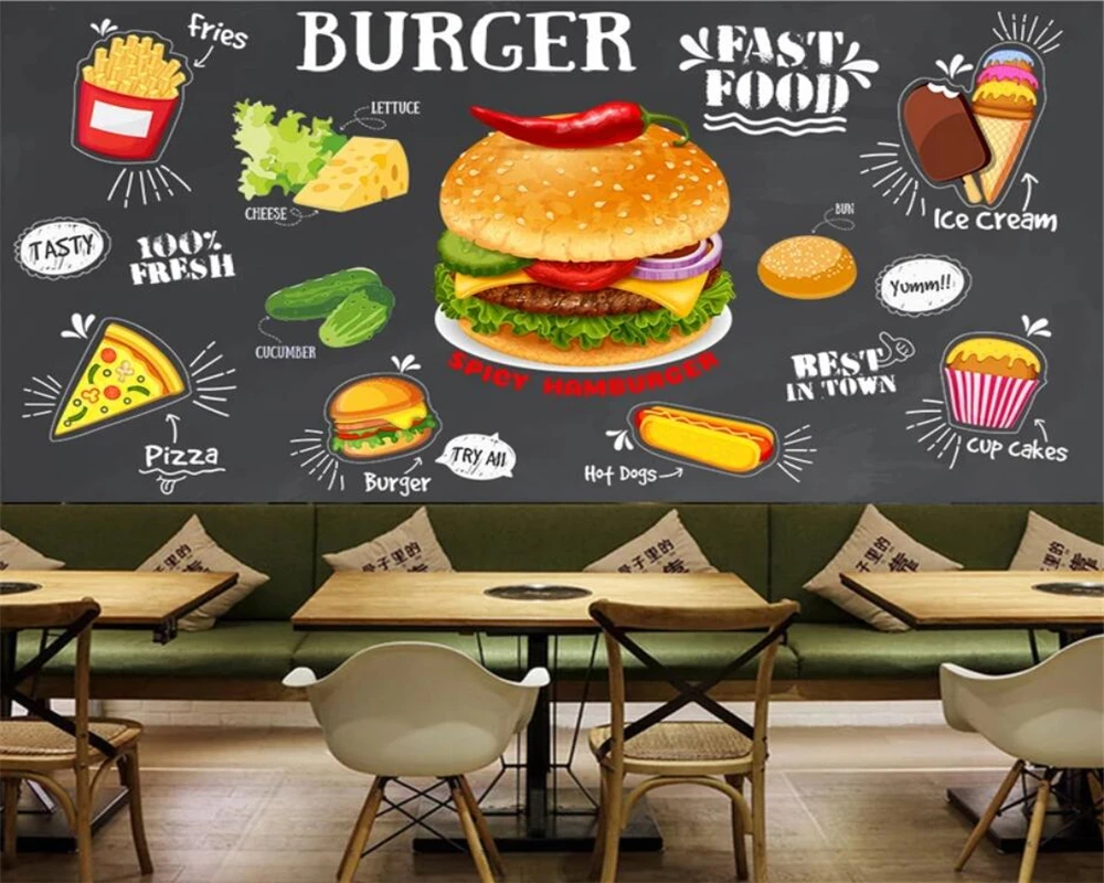 

beibehang Wallpaper 3D photo retro chalkboard wall fried chicken burger catering gourmet fast food french fries background wall