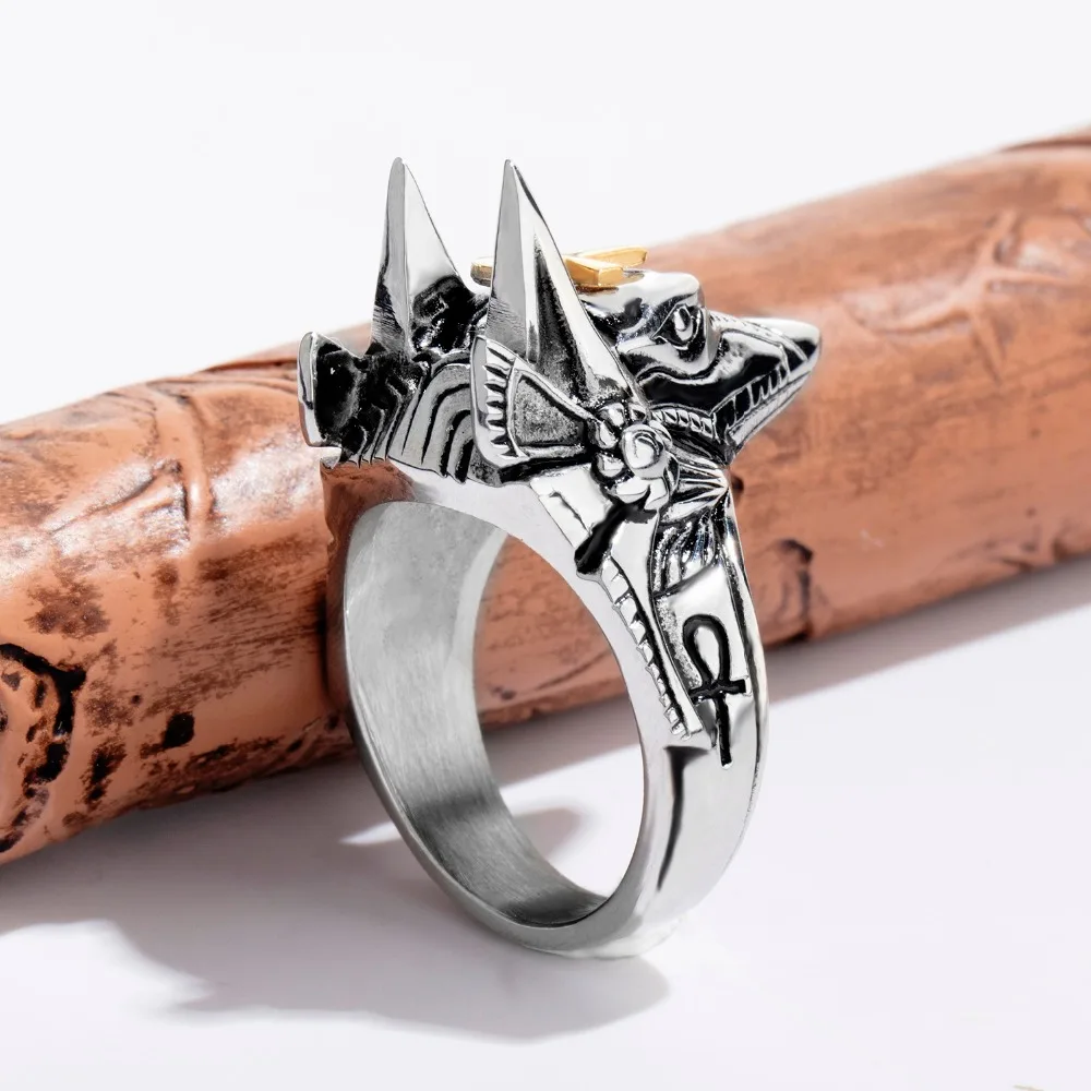 New Domineering Creative Stainless Steel Men's Ring Wolf Head White/Gold Color Cross Punk Finger Jewelry ql626 | Украшения и