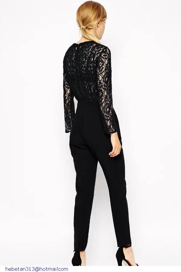 Stylish black Lace one piece bodysuit Contrast female winter long sleeve formal rompers womens jumpsuits for Sexy ladies LC6746 |