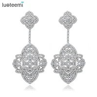 luoteemi new korea style big brincos white gold color elegant jewelry full cubic zircon sparkling drop earring double flowers