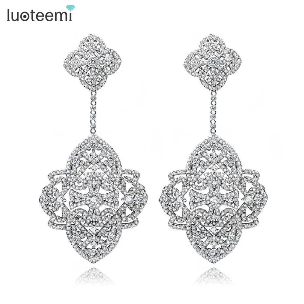 LUOTEEMI New Korea Style Big Brincos White Gold Color Elegant Jewelry Full Cubic Zircon Sparkling Drop Earring Double Flowers|drop earrings|earrings